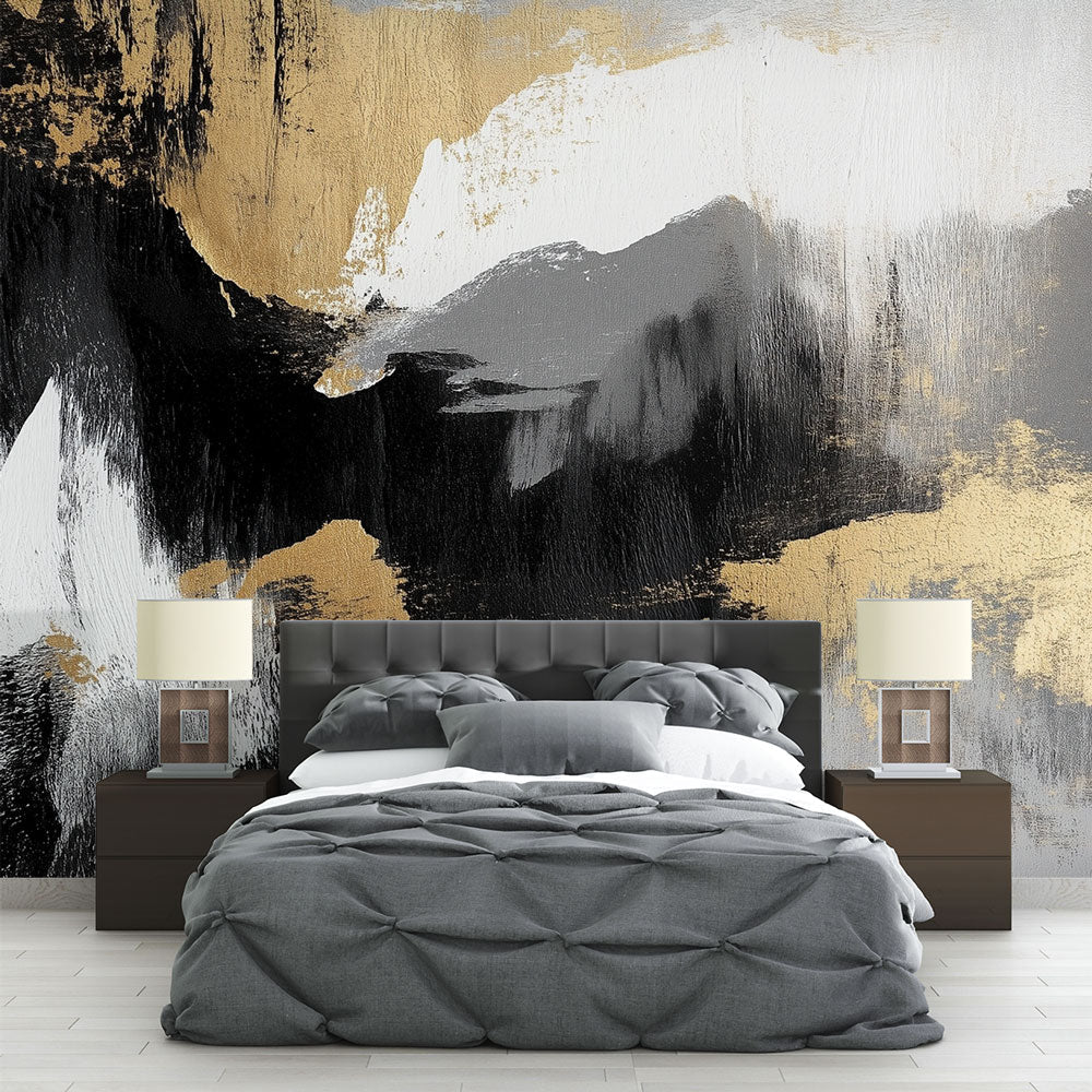 Black White Gold Wallpaper | Brushstroke Wall Mural