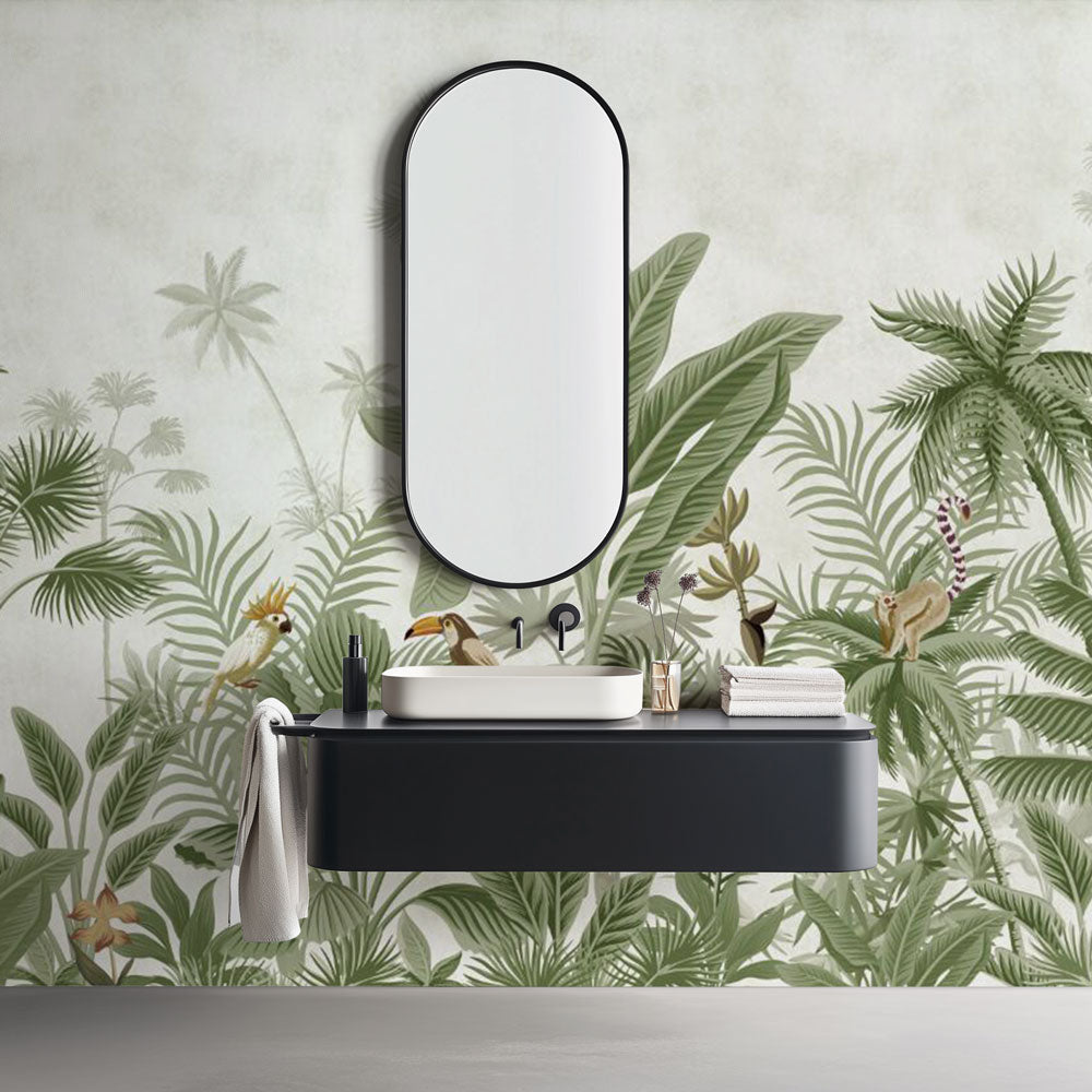 Bathroom Wallpaper | Exotic Jungle Parrots Monkeys Mural