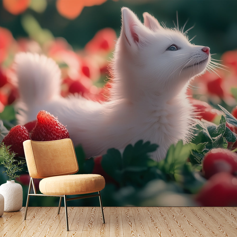 Kitten and Strawberries Wallpaper | Sweet Fruity Wall Mural