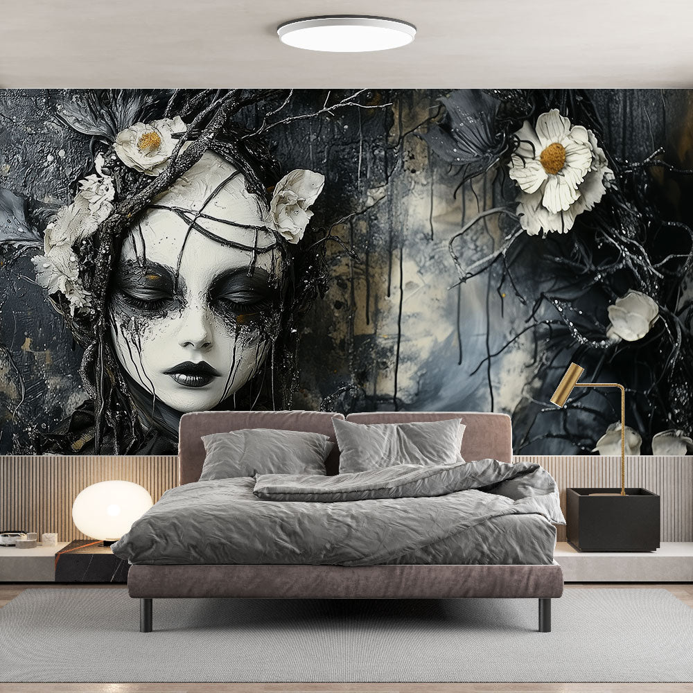 Gothic wallpaper | Black-White Mask & Flowers