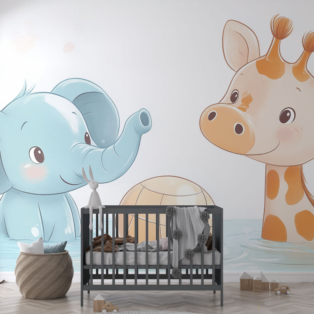 Animal Wallpaper | Playful Elephant Giraffe Wall Mural