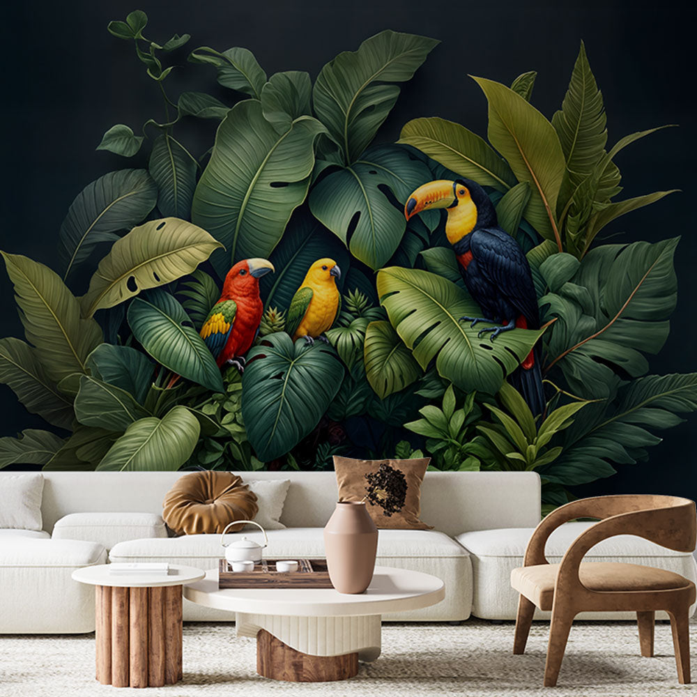 Exotic Wallpaper | Toucan and Parrots on Jungle Backdrop