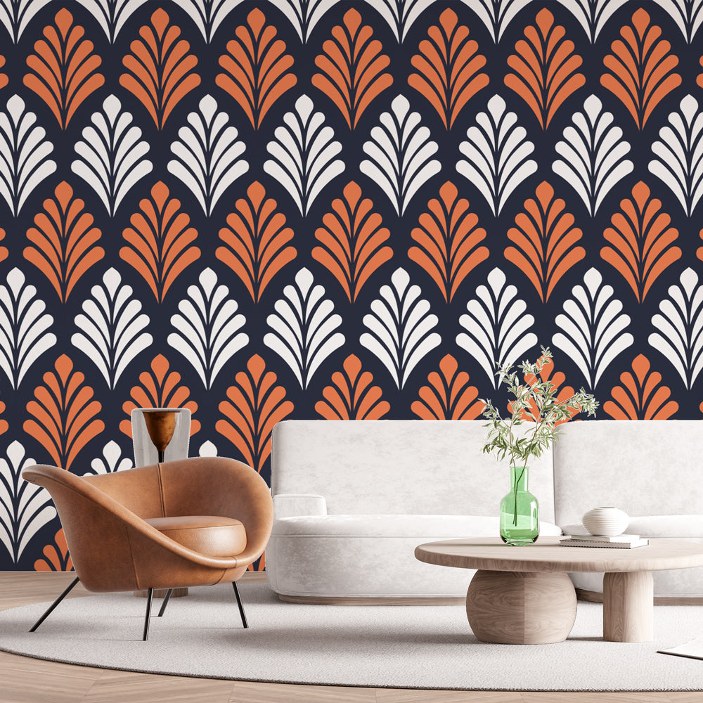 Art Deco Wallpaper - Orange & White Vintage Design