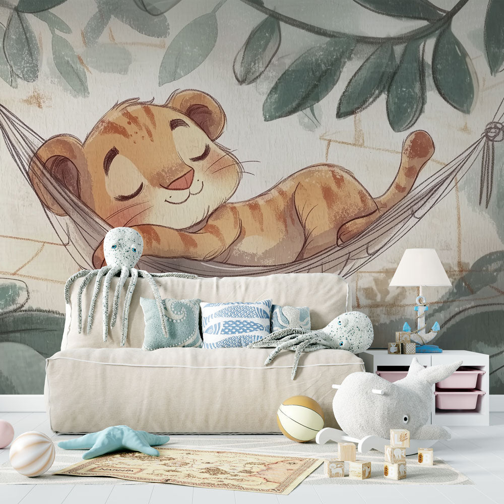 Baby Lion Wallpaper | Peaceful Jungle Rest Wall Mural