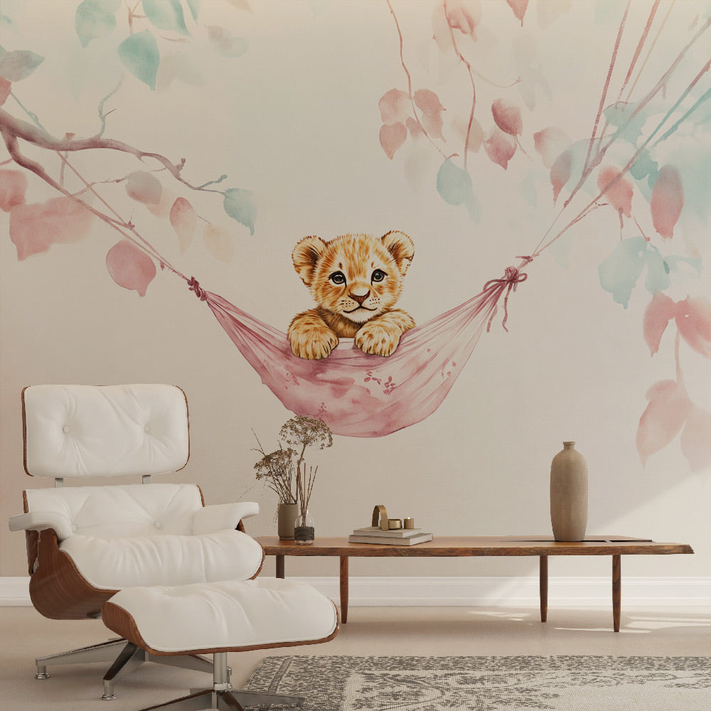 Lion Cub Wallpaper | Soft Watercolor Nursery Wall Mural