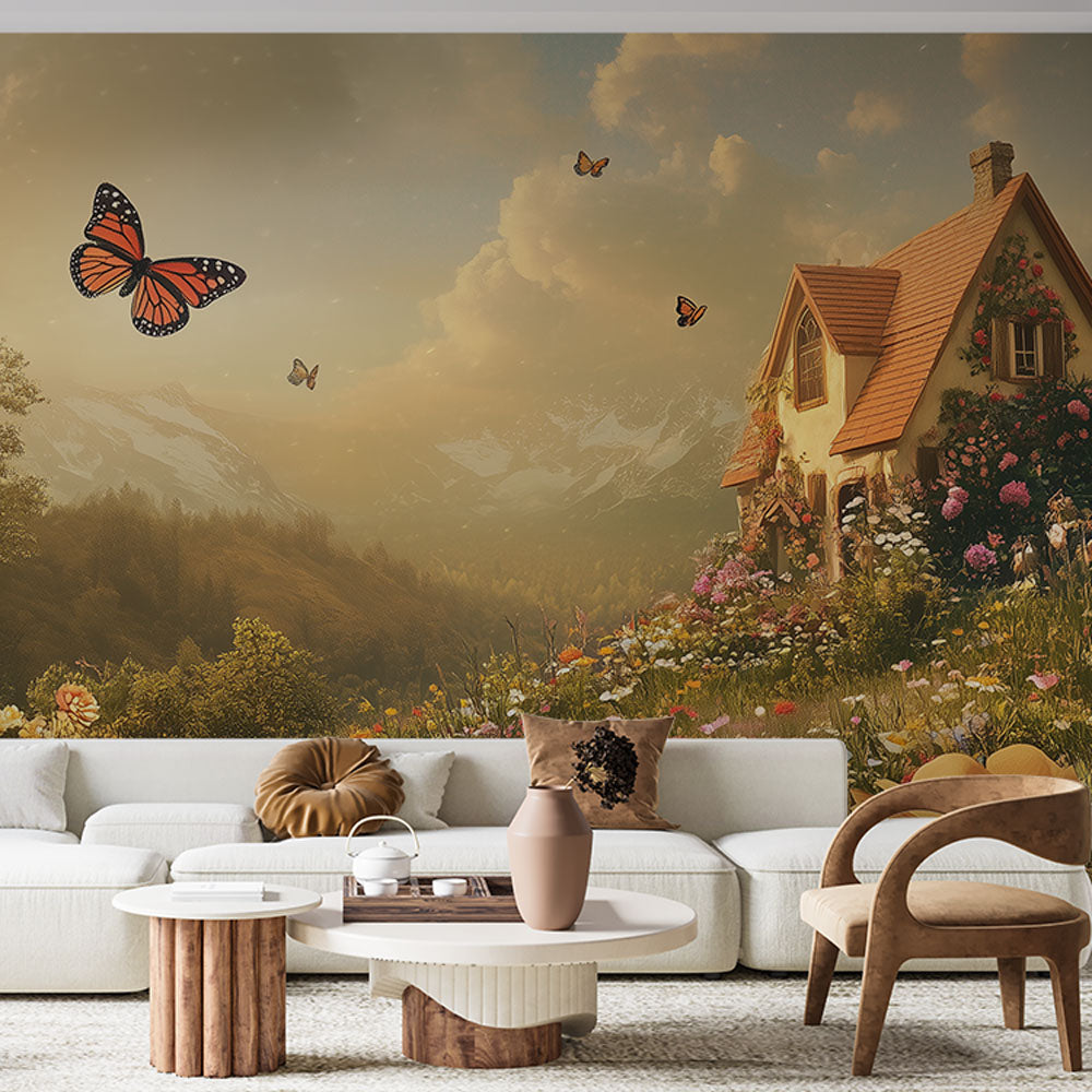 Cottage Wallpaper | Flower Field Butterfly Wall Mural