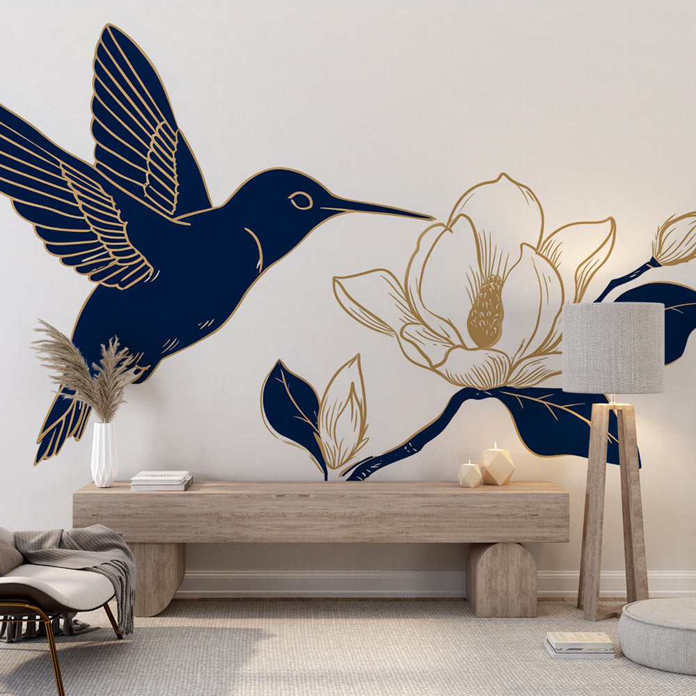 Hummingbird Wallpaper | Golden Accents on Navy Blue