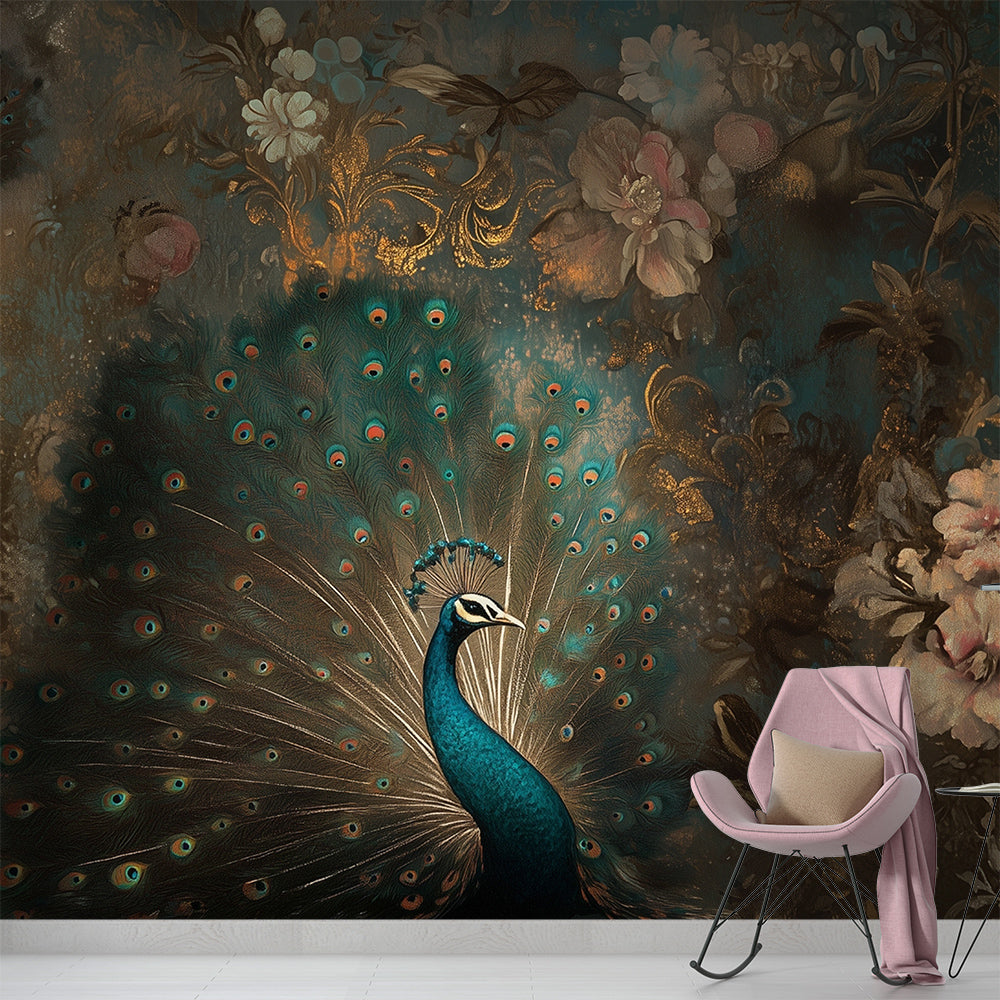Peacock Wallpaper | Exotic Botanical Charm in Blue and Gold
