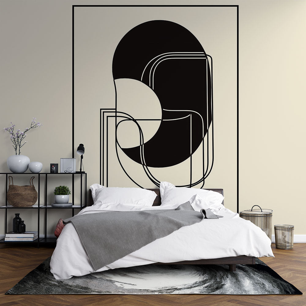 Abstract Geometric Wallpaper | Black Shapes on Cream Mural