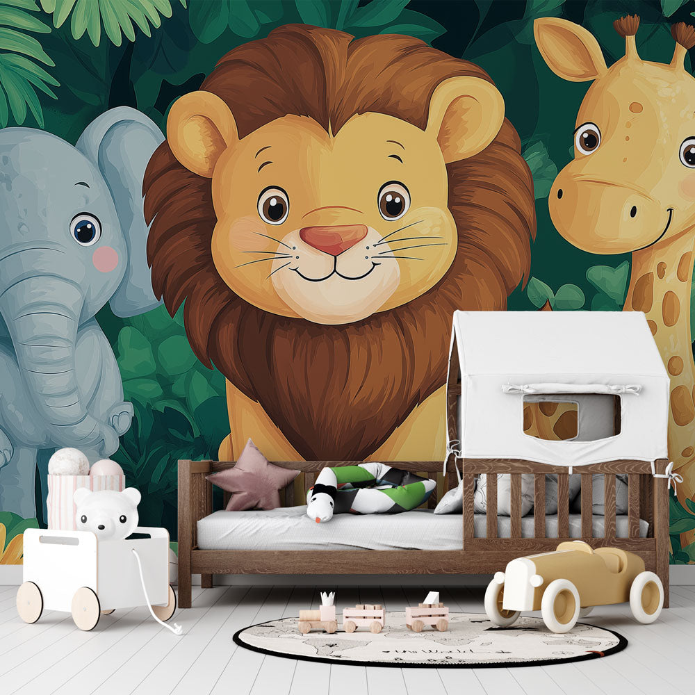 Jungle Animals Wallpaper | Lion Elephant Giraffe Wall Mural