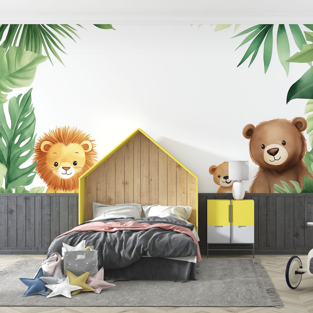 Jungle Cubs Wallpaper | Lion and Bear Tropical Wall Mural