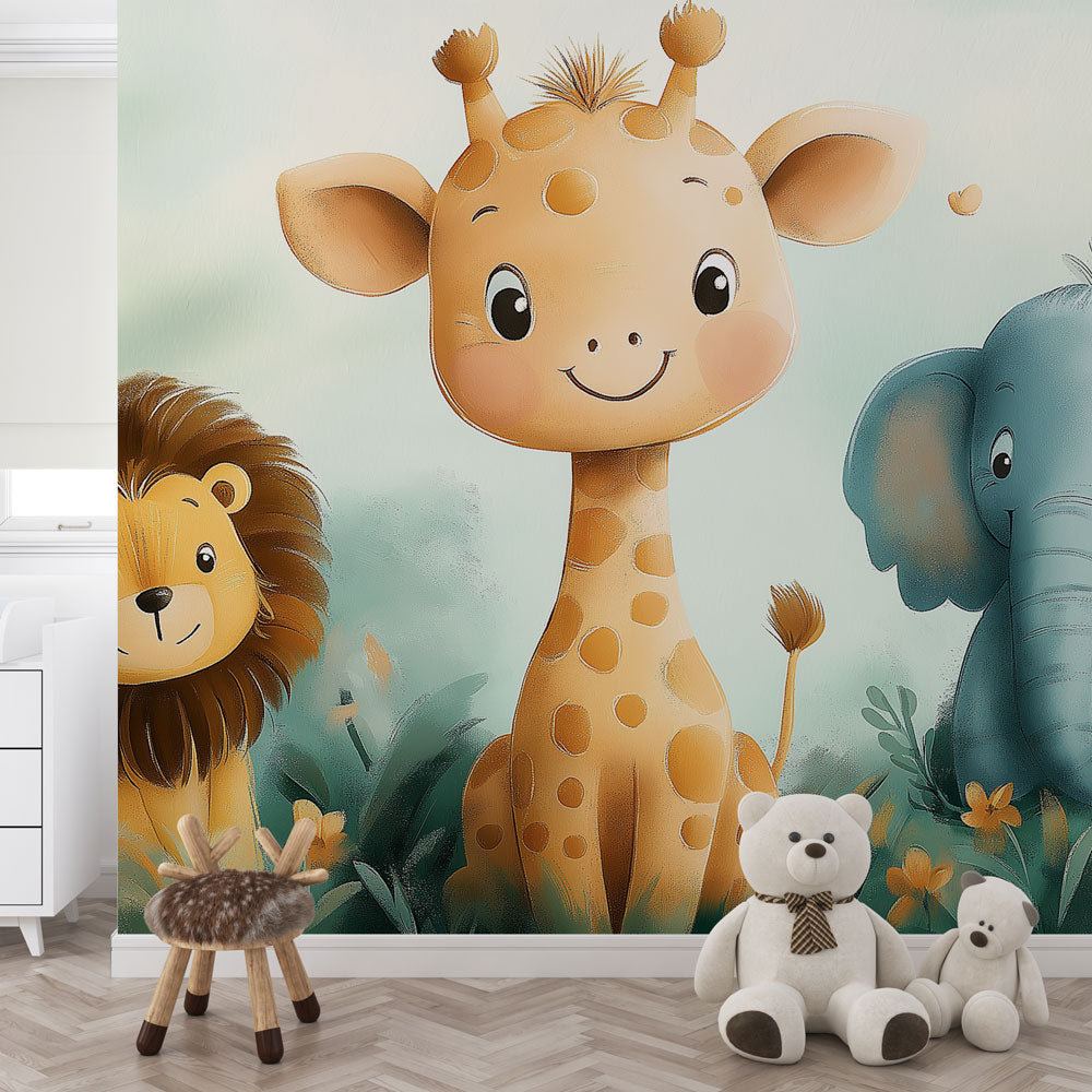 Jungle Trio Wallpaper | Giraffe Lion Elephant Wall Mural