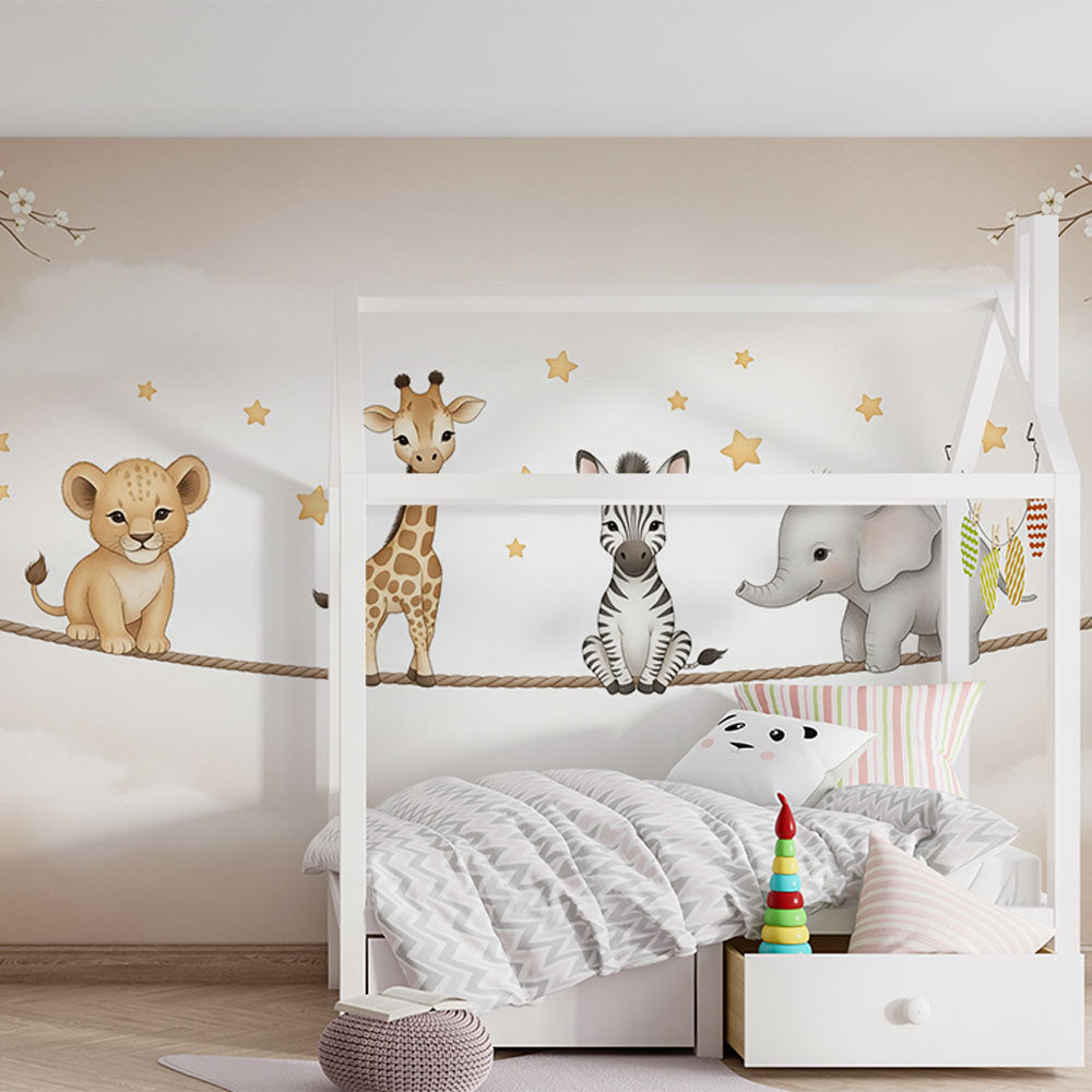 Cute Animals Wallpaper | Lion, Giraffe and Zebra Wall Mural