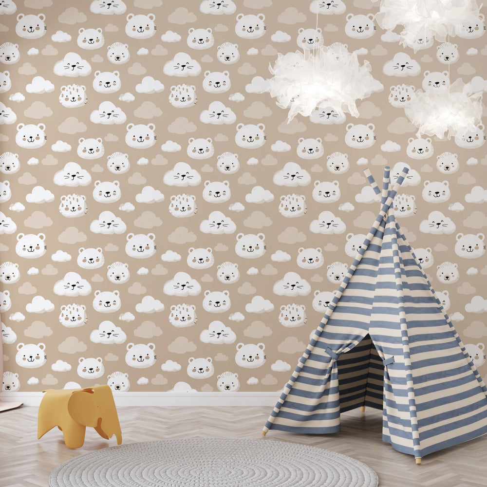 Cute Bear Wallpaper | Little Bears & Clouds on Beige