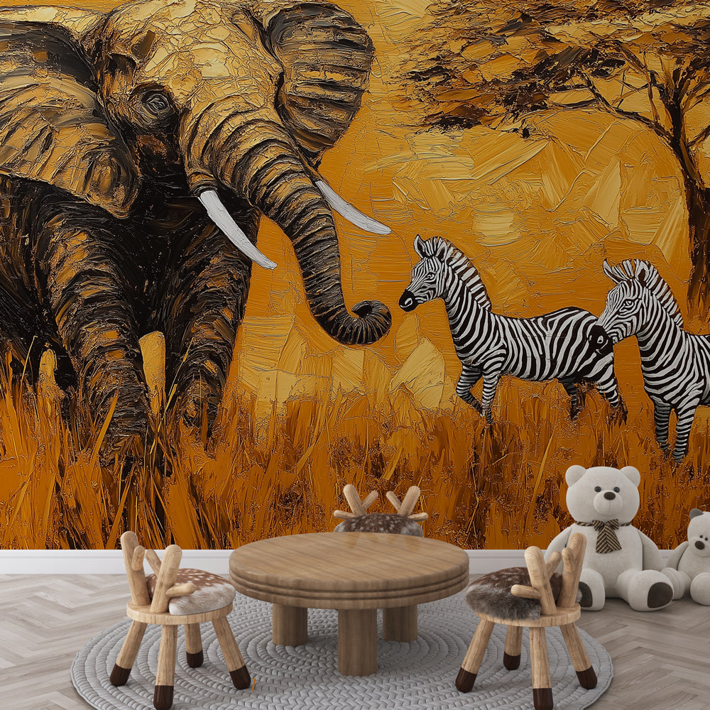 Wild Animals Wallpaper | Elephant and Zebras on Gold
