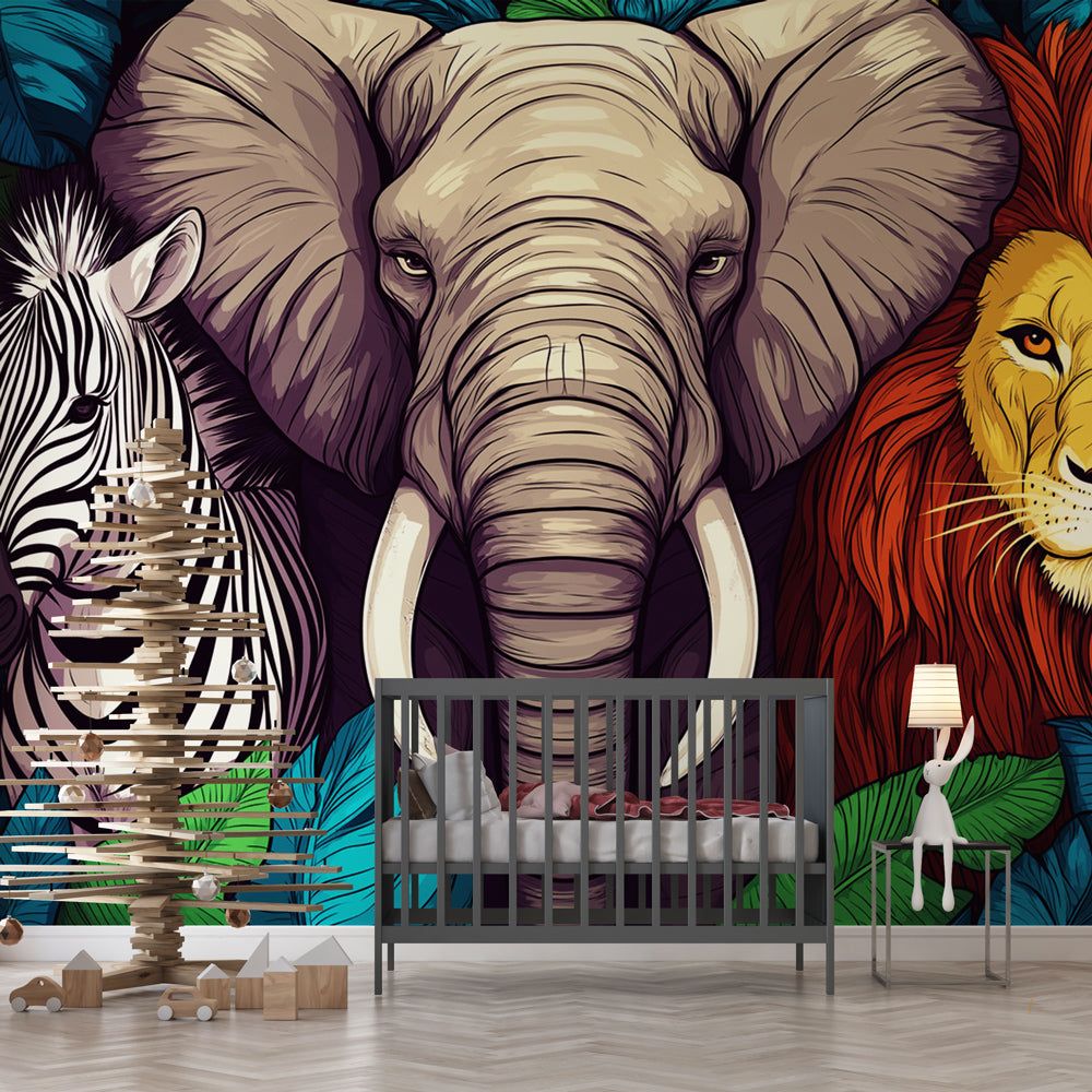 Wild Animals Wallpaper | Elephant Lion Zebra in Foliage