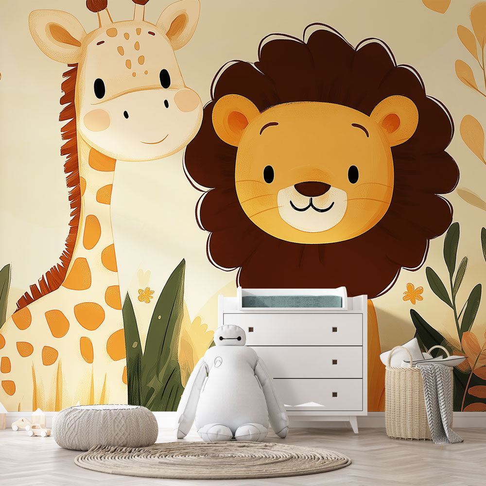 Giraffe and Lion Wallpaper | Soft Decor Wall Mural Print