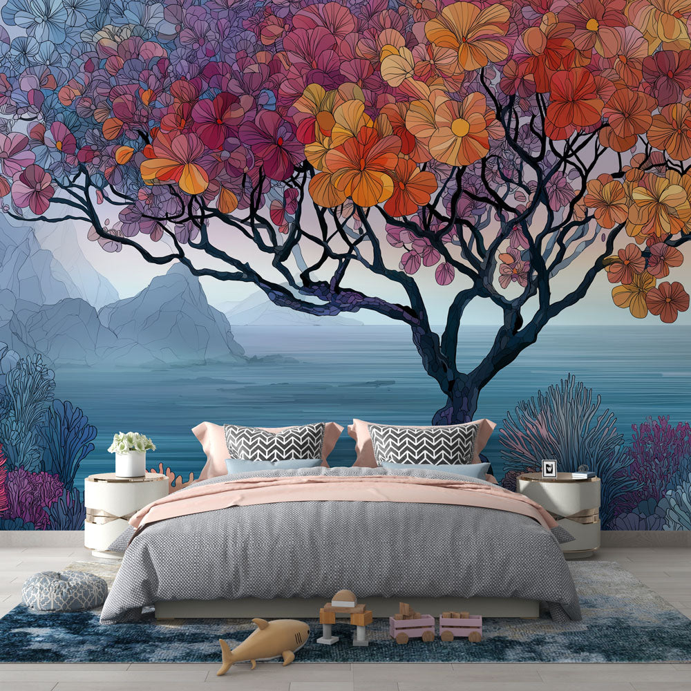 Blossom Tree Wallpaper | Flowers and Sea View Wall Mural