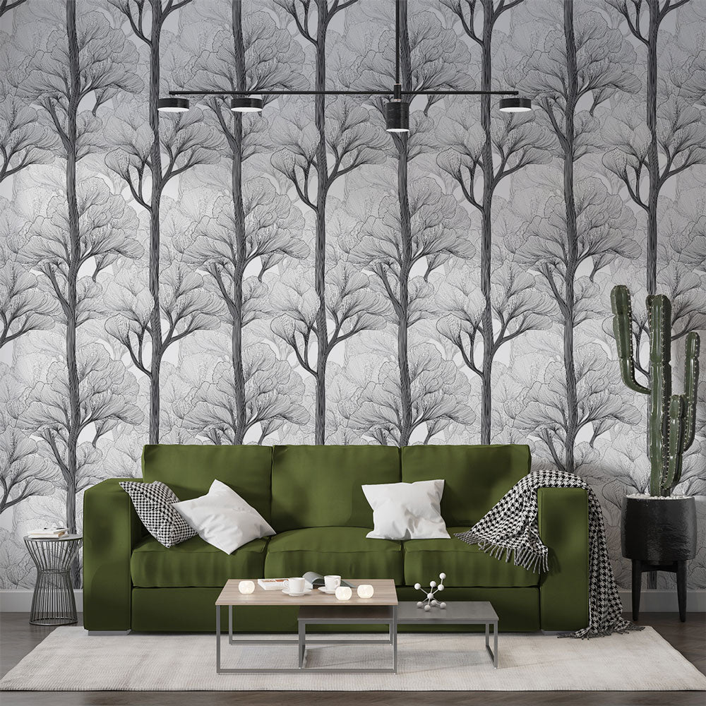 Line Art Tree Wallpaper | Delicate Foliage Wall Mural in Black