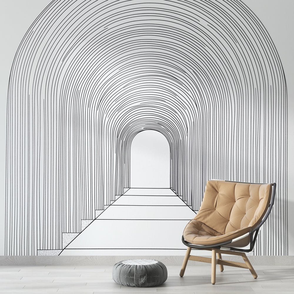 Arch Wallpaper | Minimalist Linear Tunnel Black White Mural