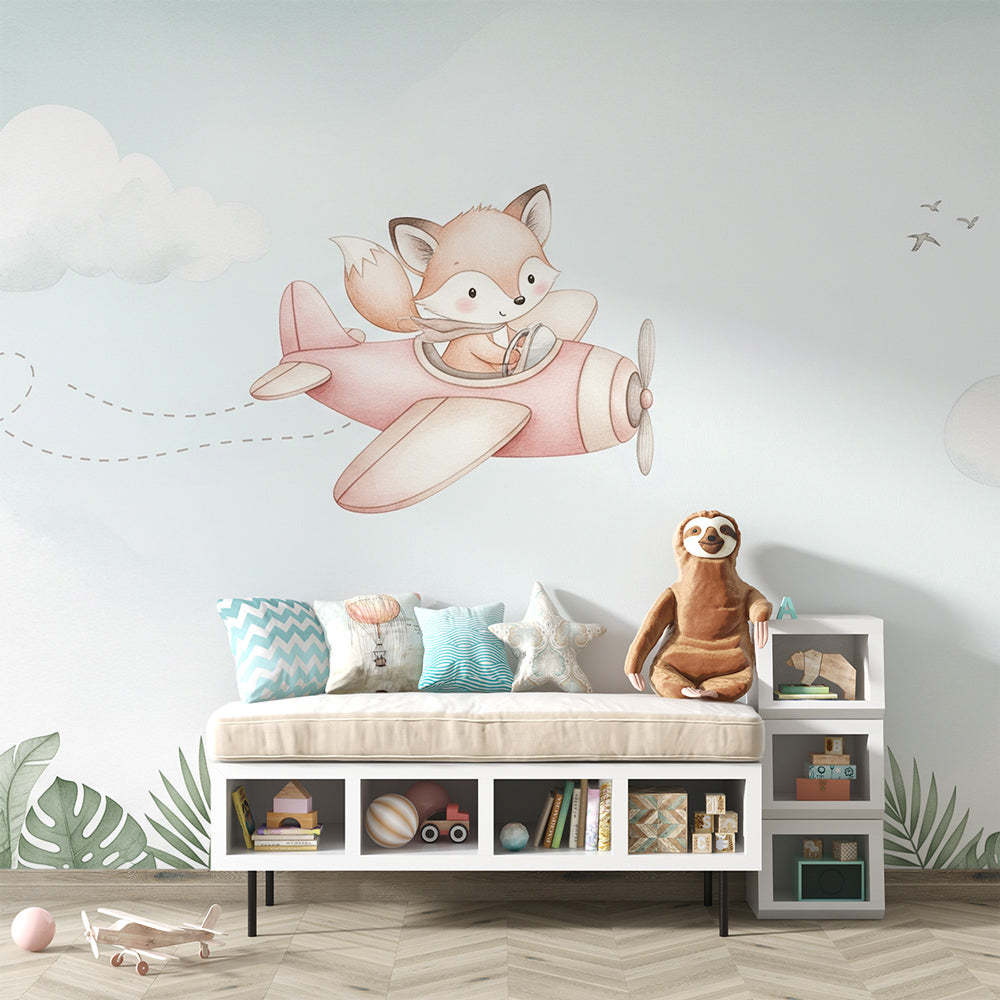 Fox and Airplane Wallpaper | Kids' Sky Adventure Wall Mural