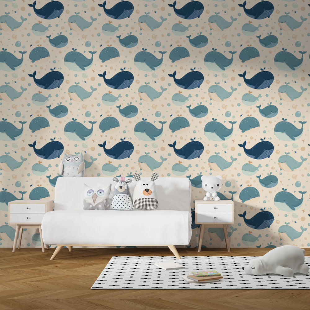 Whale Wallpaper | Playful Blue Whales, Bubbles and Stars