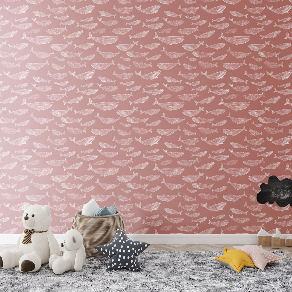 Whale Wallpaper | Charming Whales and Fish on Warm Pink