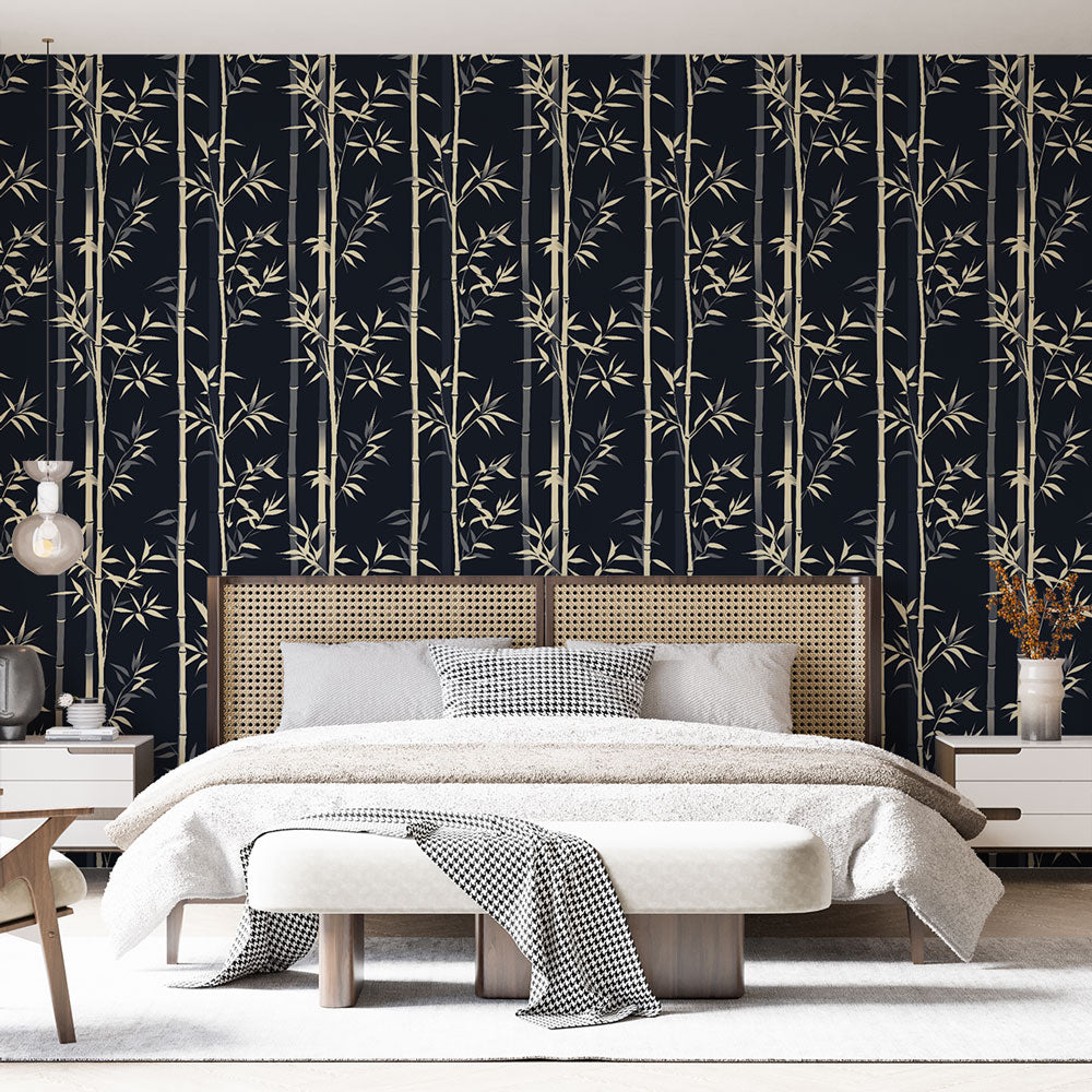 Bamboo Wallpaper | White Bamboo on Deep Black Ground