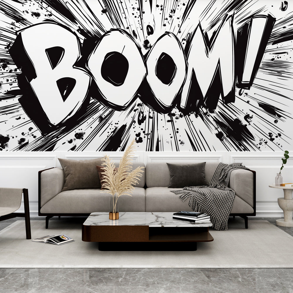Black White Boom Wallpaper | Monochrome Comic Wall Mural