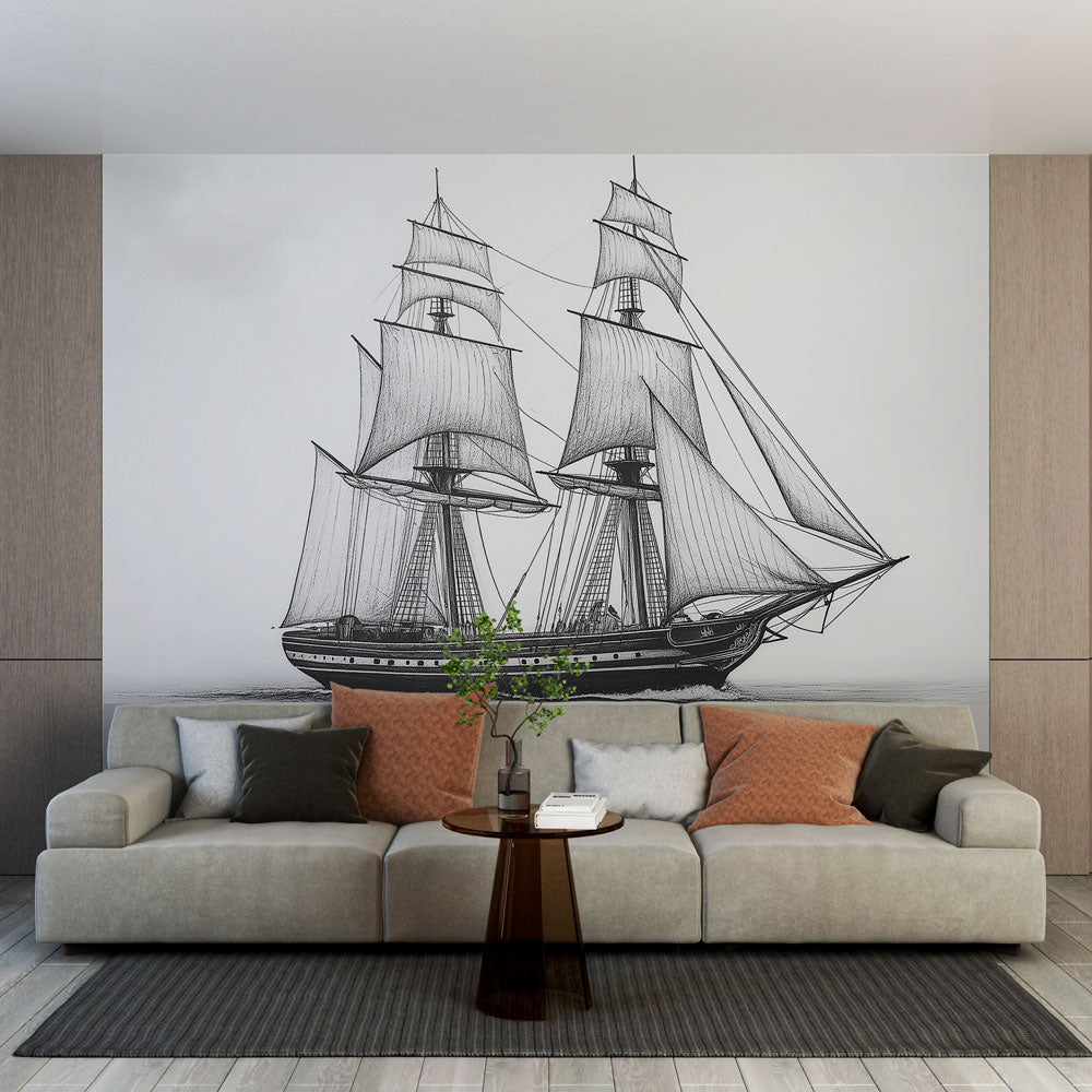 Historic Sailboat Wallpaper | Black and White Vintage Design