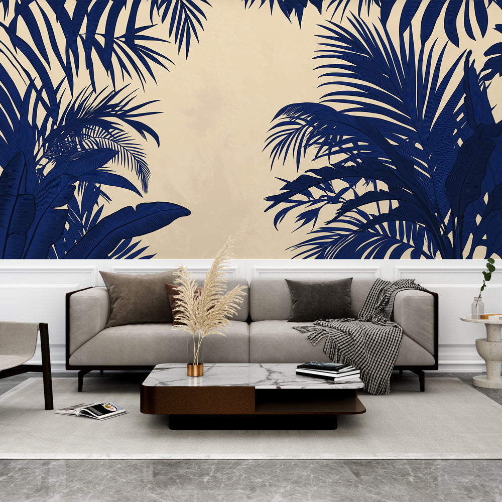Beige Wallpaper with Dark Blue Tropical Plant Outlines