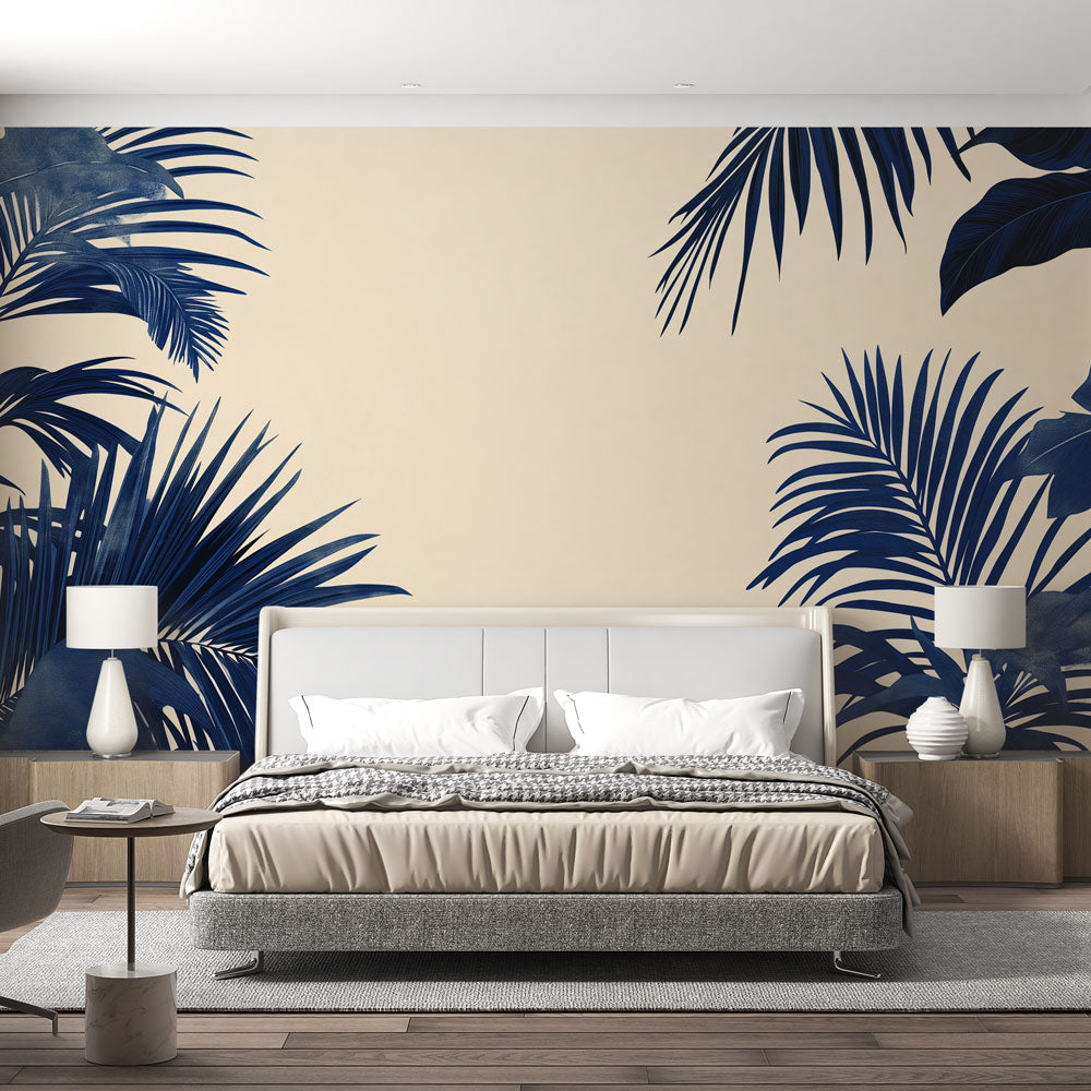 Beige Wallpaper with Navy Blue Tropical Foliage