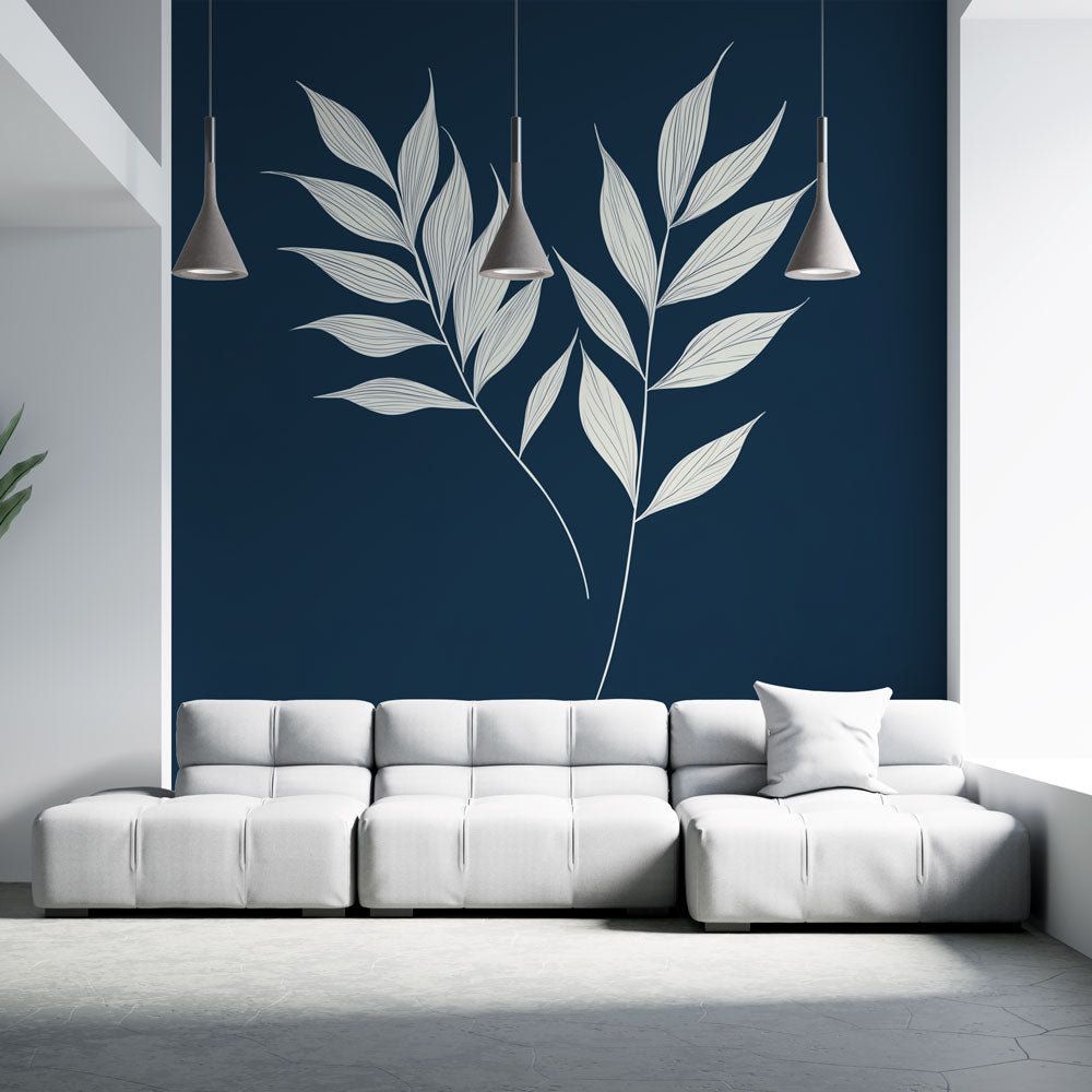 Teal Delicate Leaf Wallpaper | Deep Blue Wall Mural