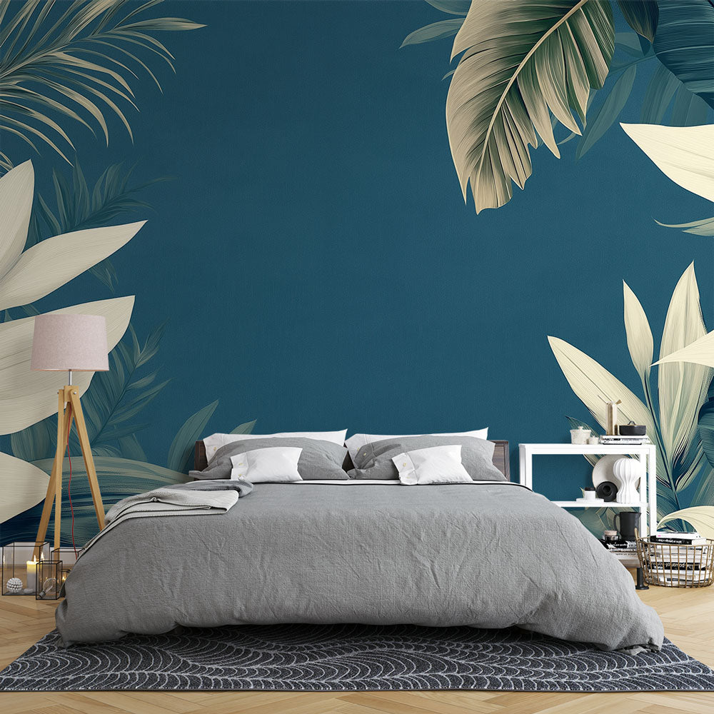 Teal Wallpaper | Stylised Tropical Leaves Rich Mural