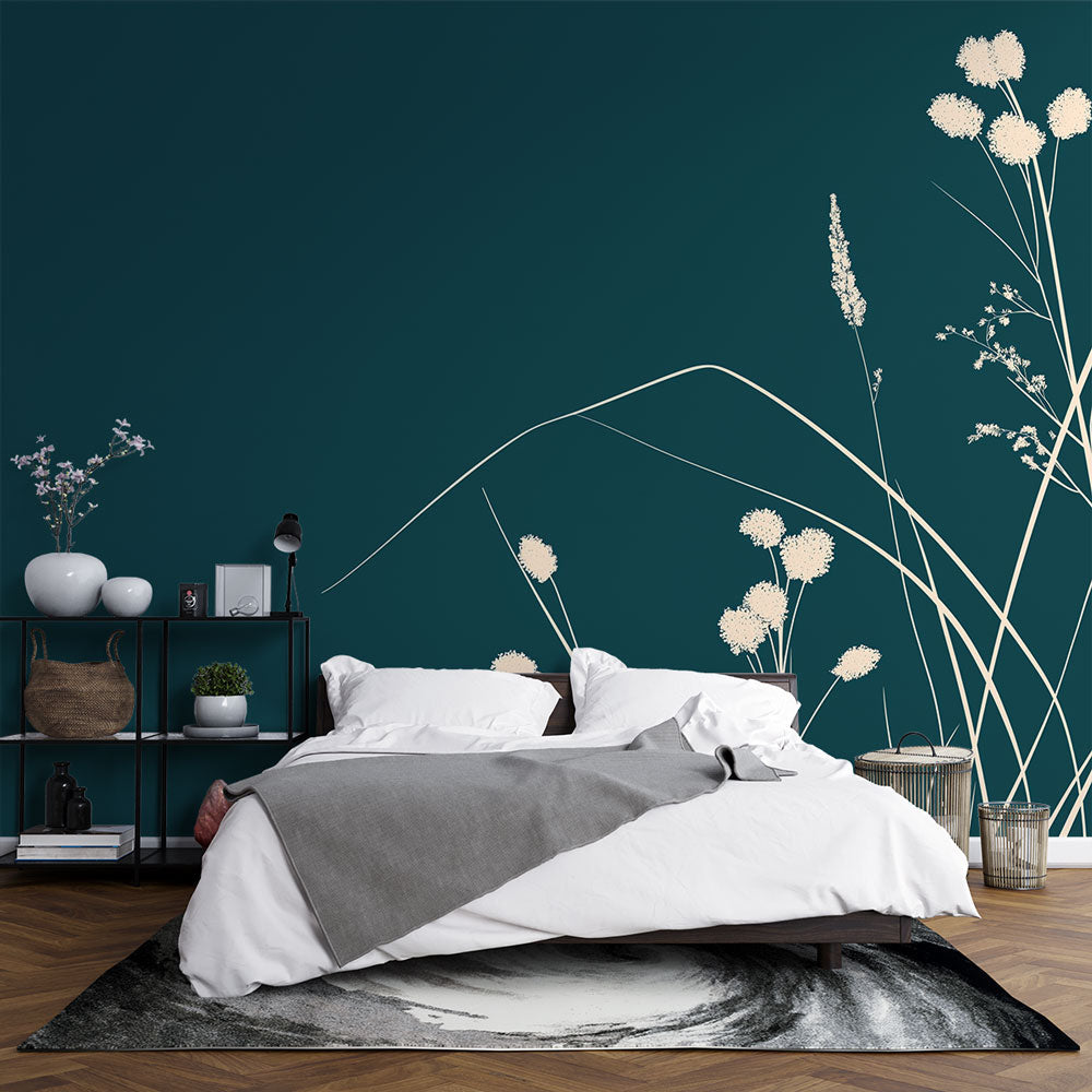 Teal Wallpaper | Delicate Flowers Soothing Mural