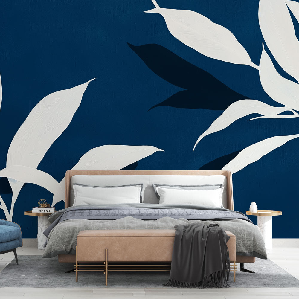 Teal Wallpaper | White Leaves Pattern Deep Blue Mural