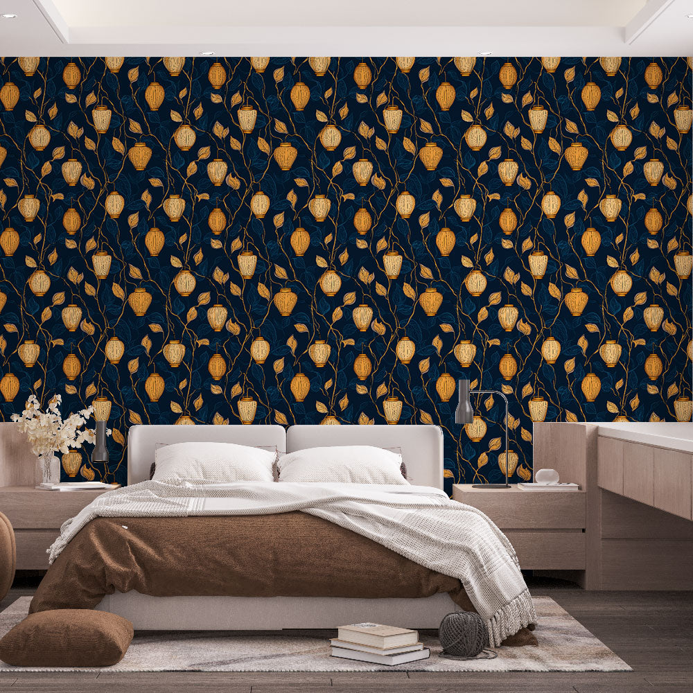 Botanical Wallpaper | Gold Lanterns on Navy Blue Wall Mural