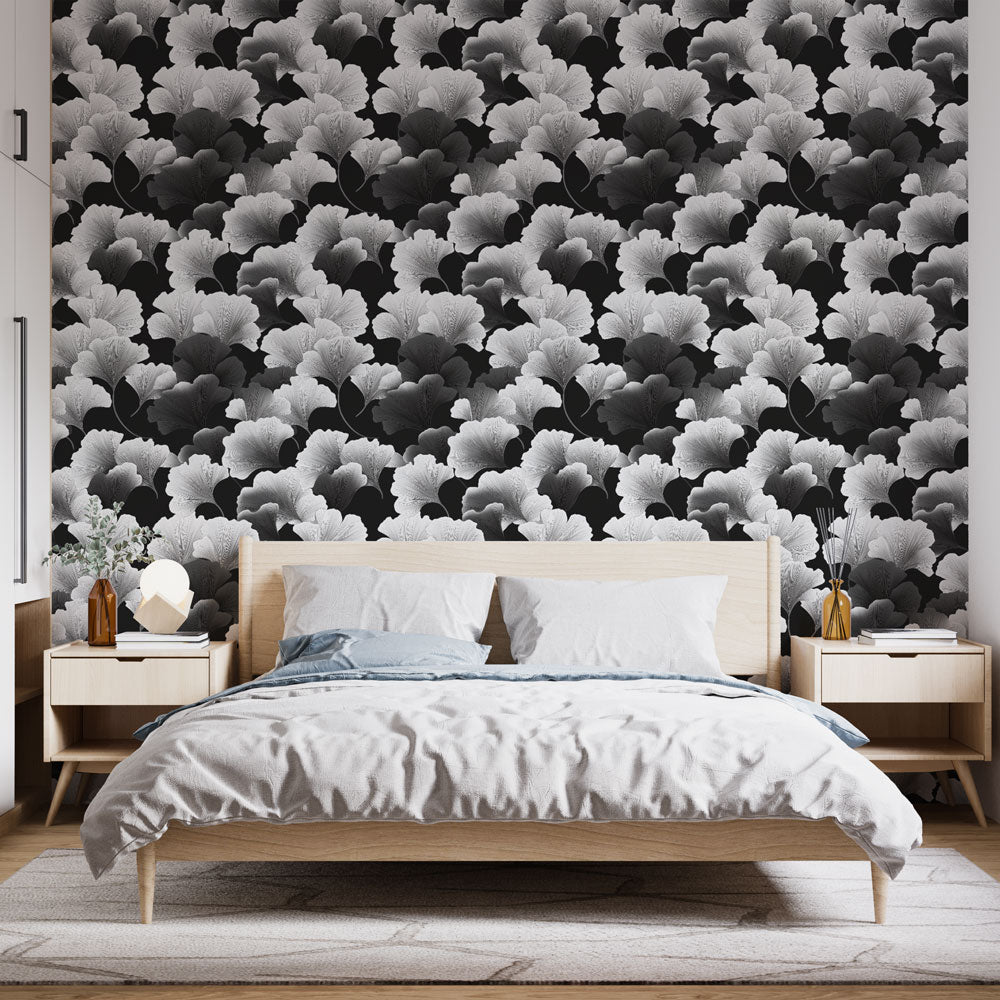 Botanical Wallpaper | Elegant B&W Leaves Wall Mural on Dark