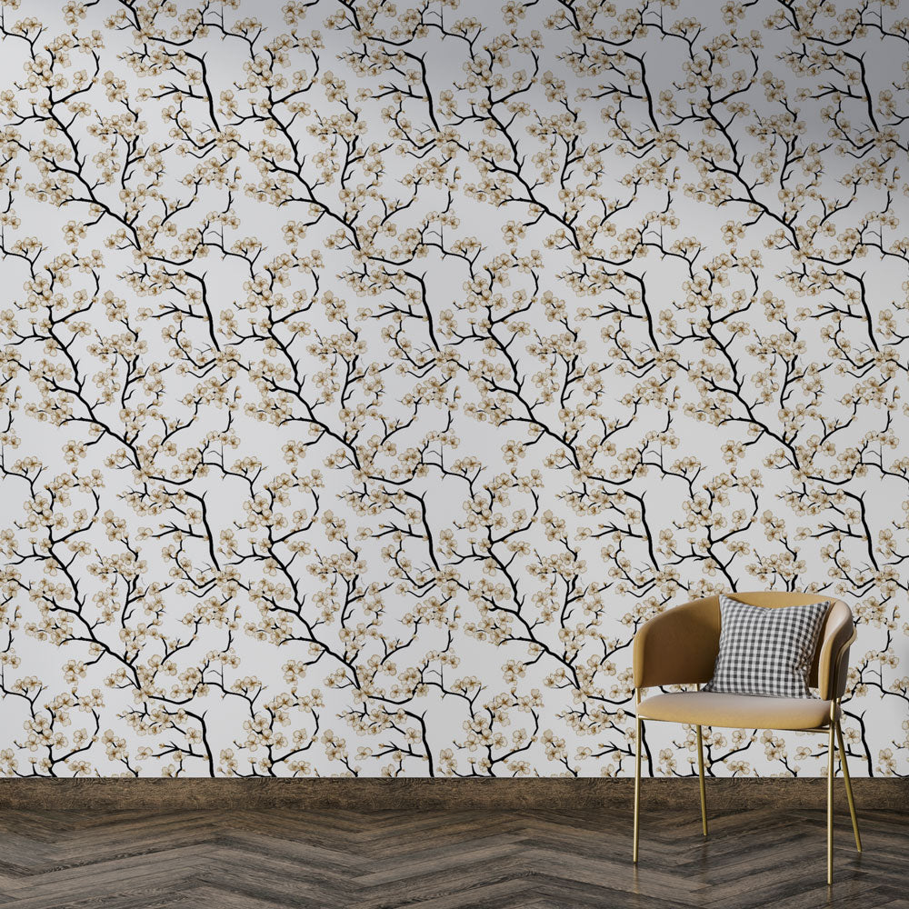 Floral Branches Wallpaper | White Flowers Elegant Mural