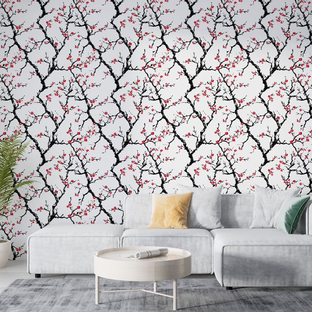 Flowering Branches Wallpaper | Black Branches with Red Blossoms