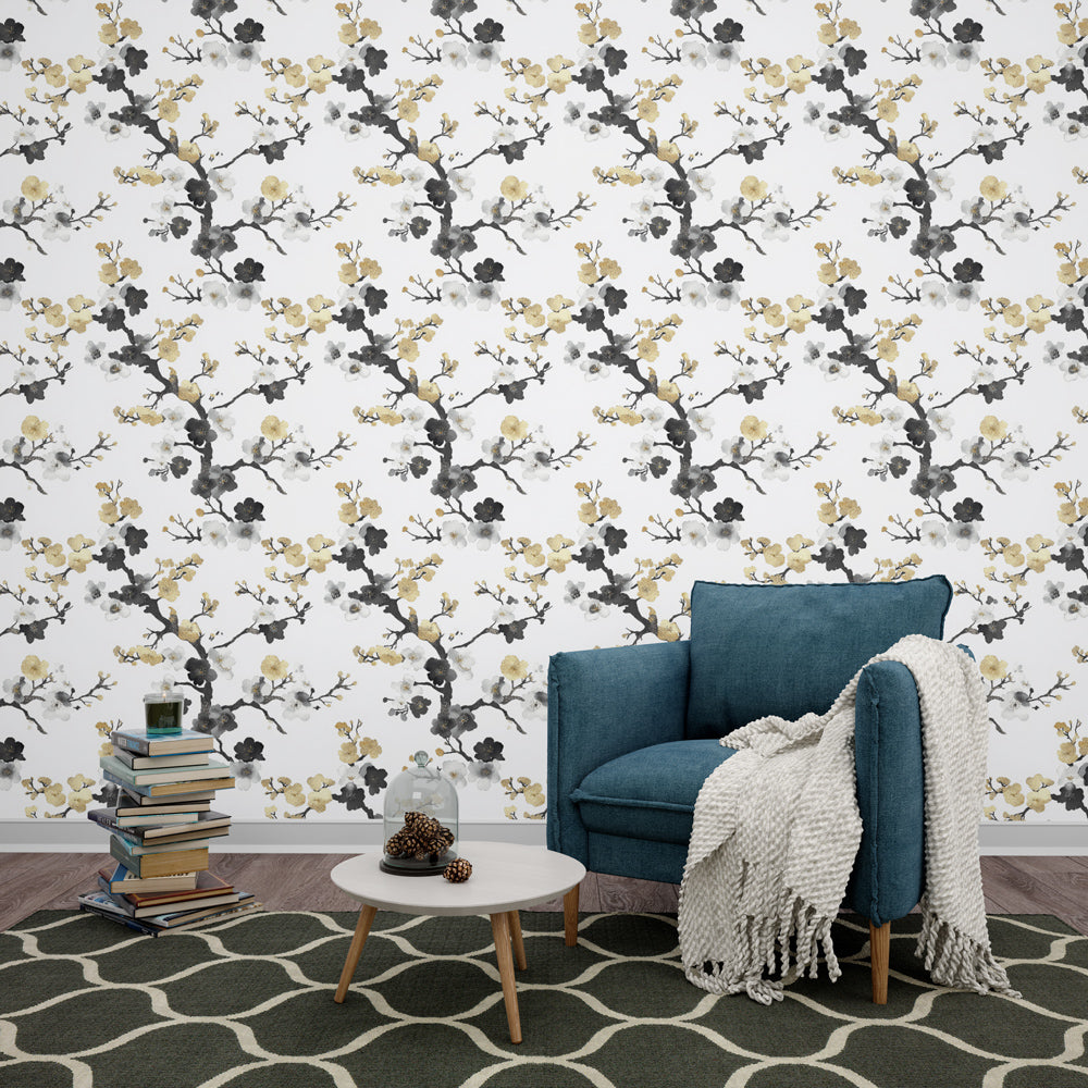 Floral Branches Wallpaper | White Black & Gold Mural