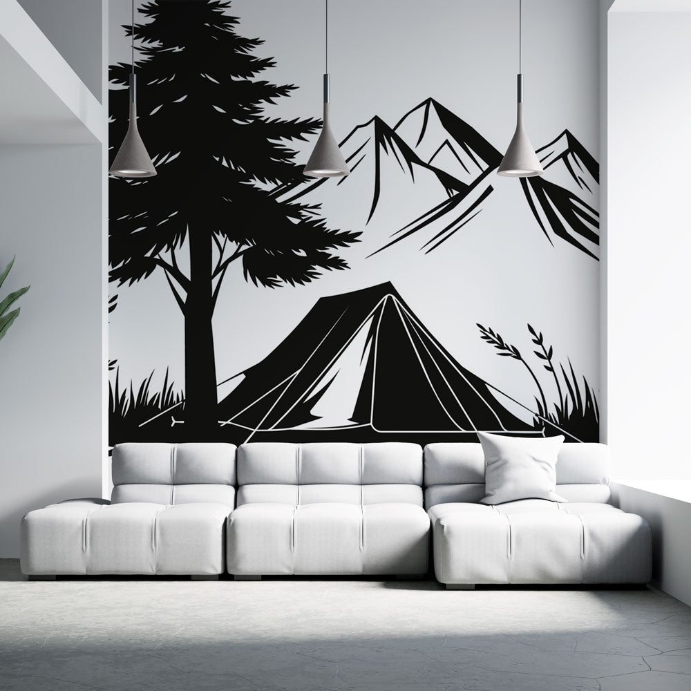 Camping Wallpaper | Black and White Tent with Mountain