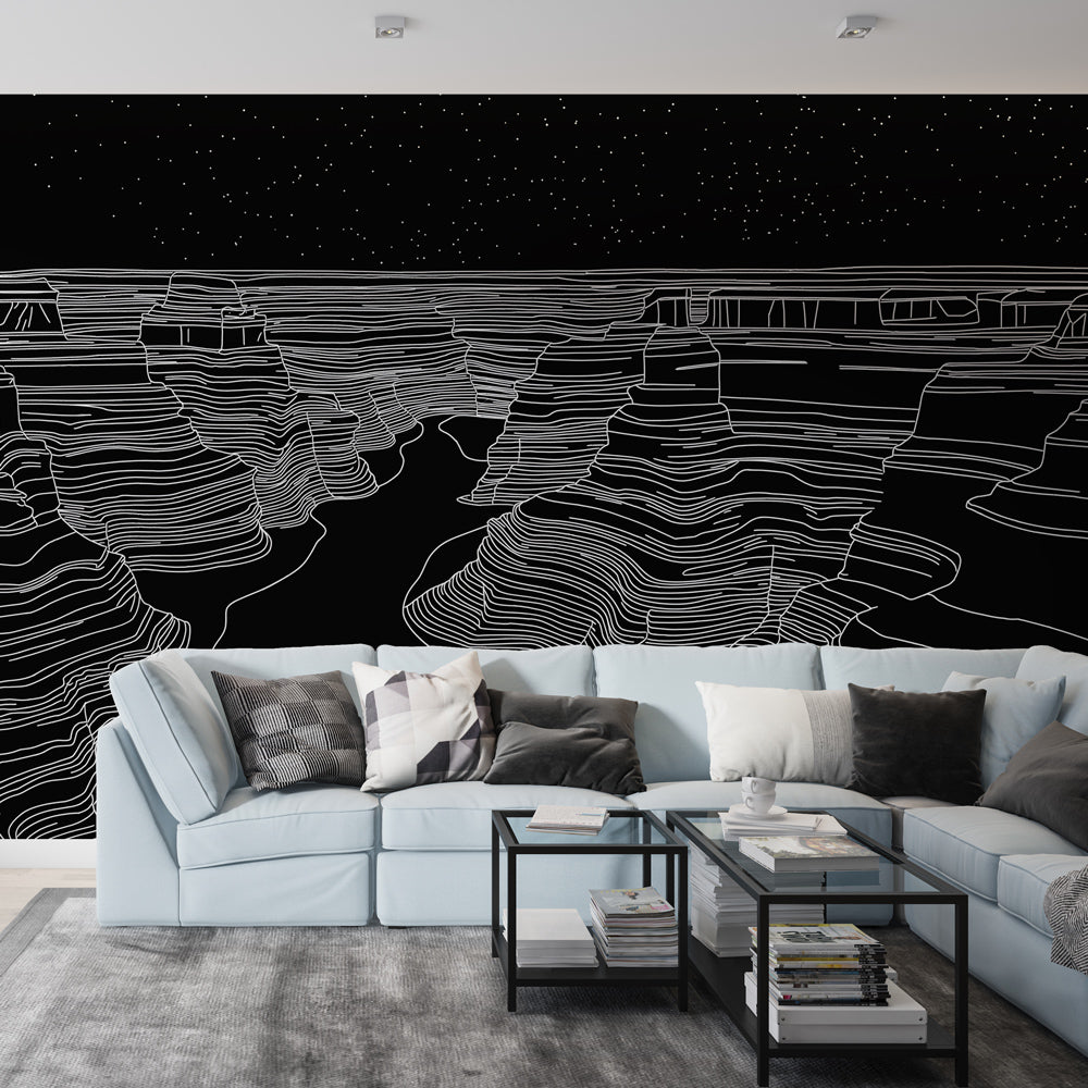 Stylised Canyon Wallpaper | White Lines on Black Background Wall Mural
