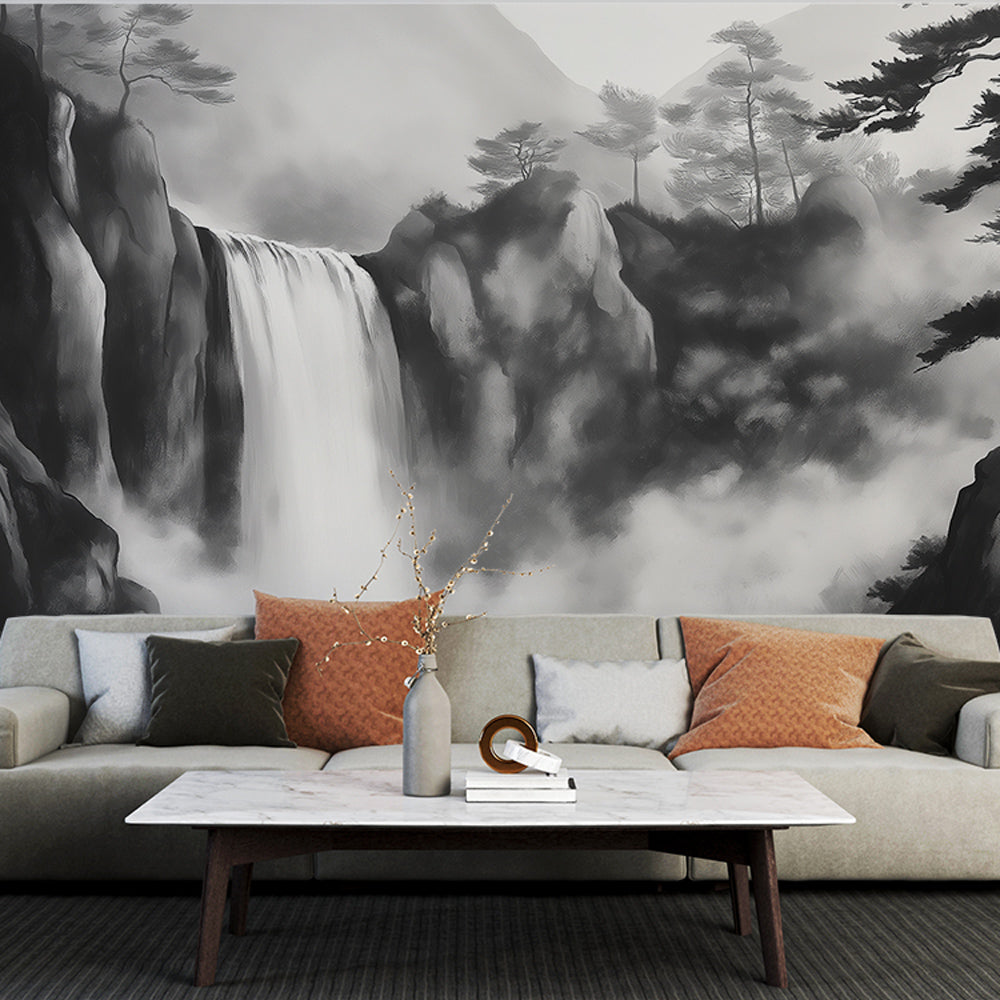 Waterfall Wall Mural | Landscape mountain black white avec waterfall d