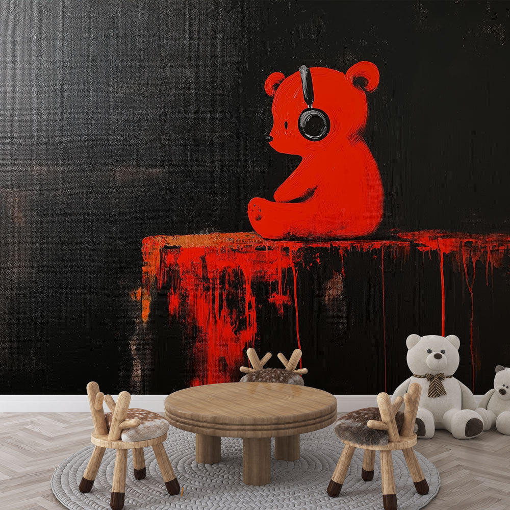 Red Bear Audio Wallpaper | Headphones on Black Wall Mural