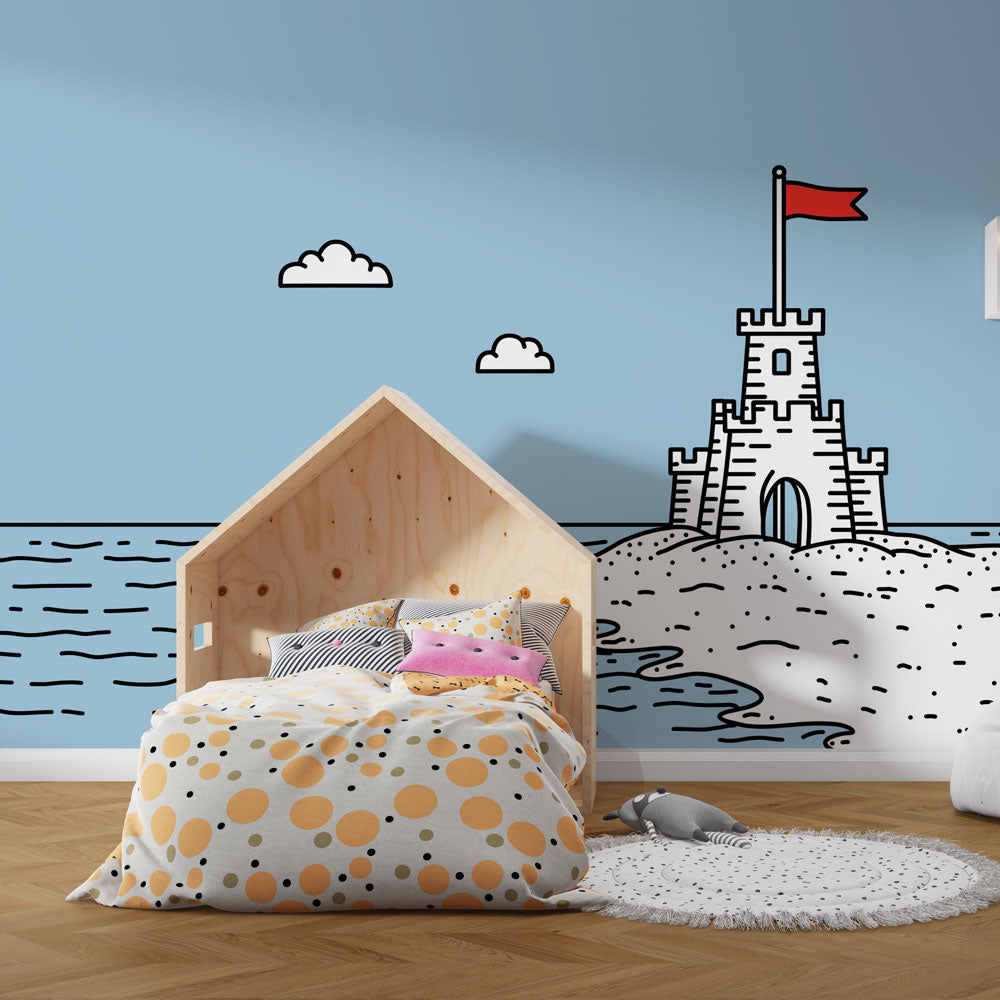 Sandcastle Wallpaper | Sandcastle with Red Flag by the Sea