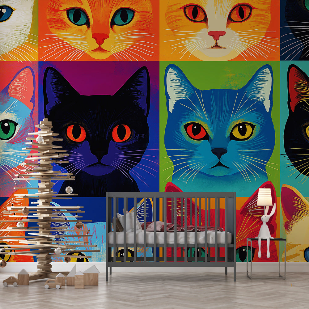 Vibrant Cat Faces Wallpaper | Bold Colourful Feline Grid