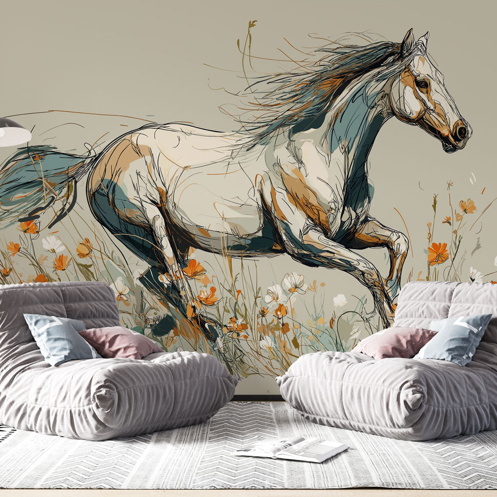 Horse Wallpaper | Elegant Running Horse Among Colorful Flowers