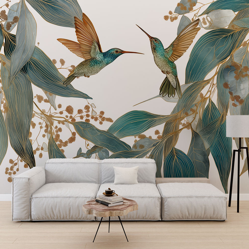 Hummingbird Wallpaper | Turquoise Leaves and Gold Flower Mural