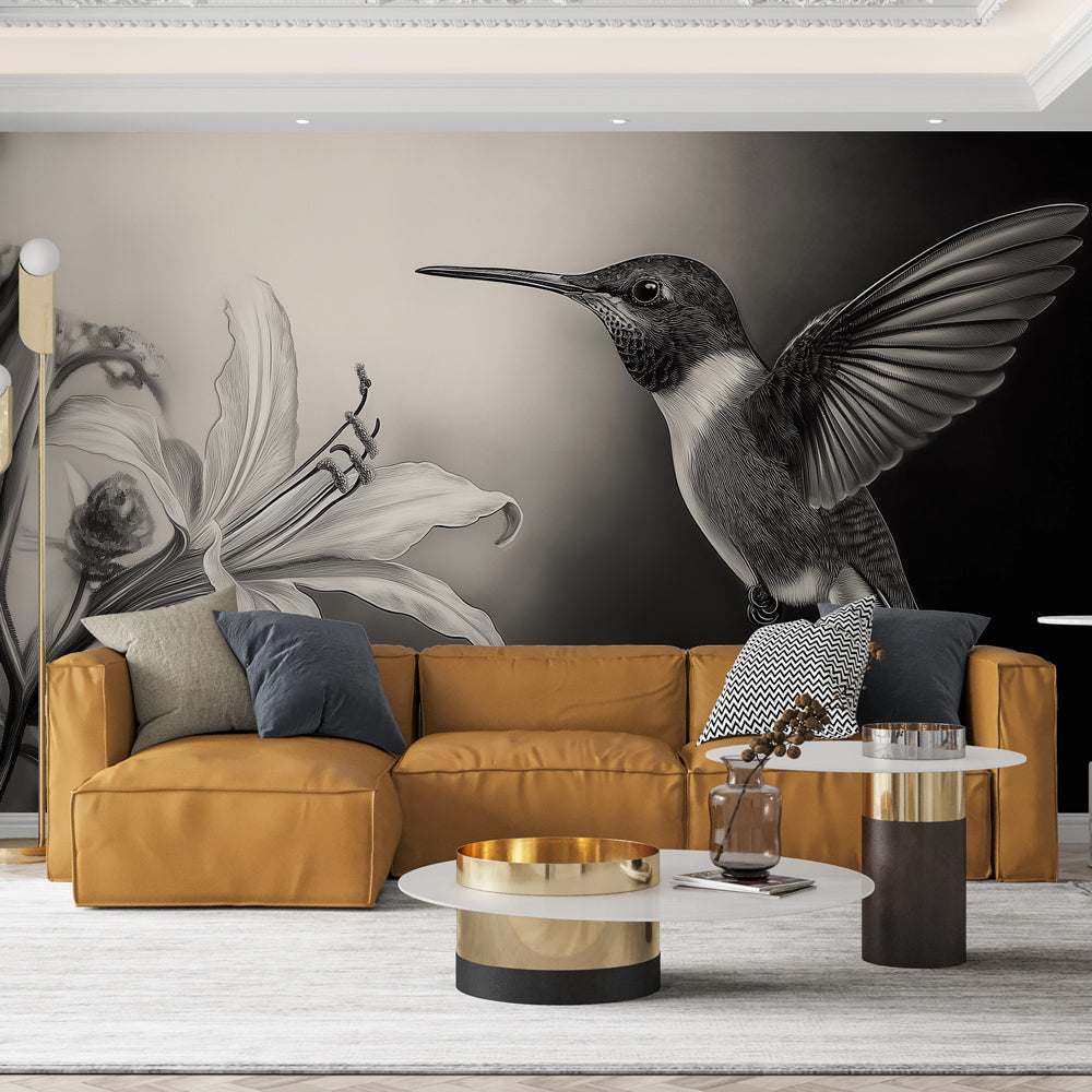 Hummingbird Flower Wallpaper | Elegant Monochrome Illustration